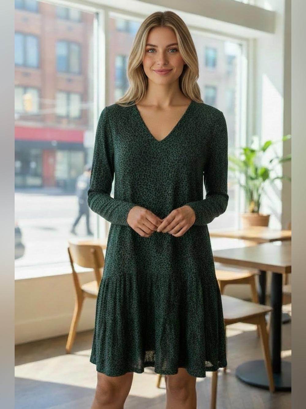 Goodthreads Dark Green animal print V Neck Drop Waist Dress size XS